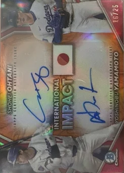 2024 Bowman Chrome International Impact Dual Autographs Orange Refractors #IIOY Yoshinobu Yamamoto/Shohei Ohtani