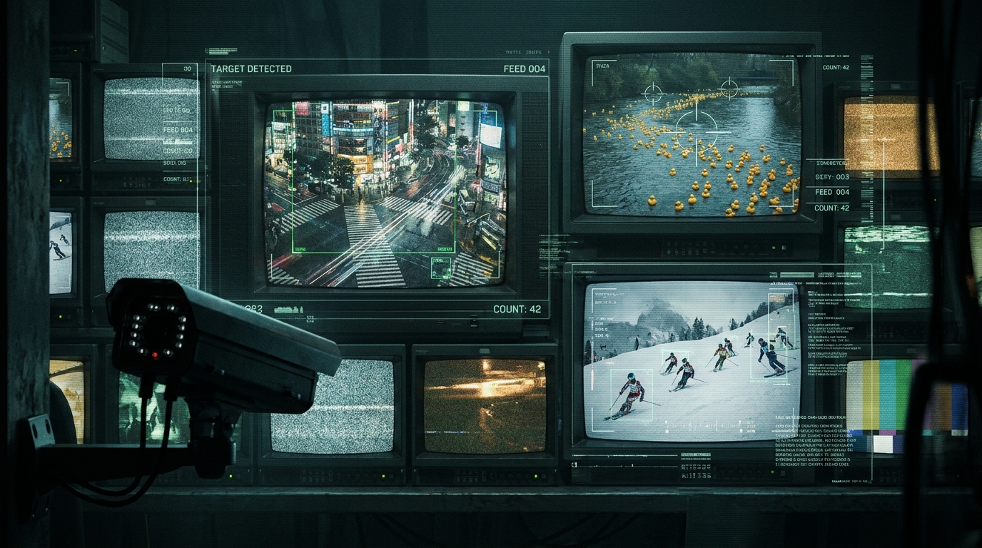 Wall of CCTV monitors showing traffic, ducks on a river, and skiers on a snowy slope with AI detection overlays