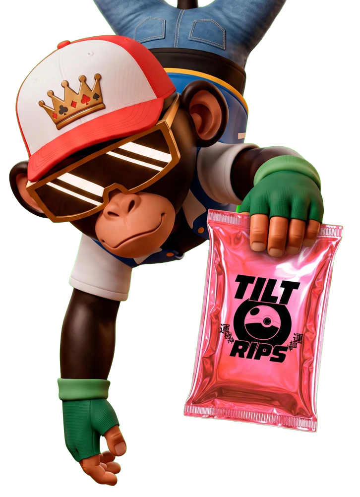 A TiltRips monkey hanging upside down, holding out a sealed card pack