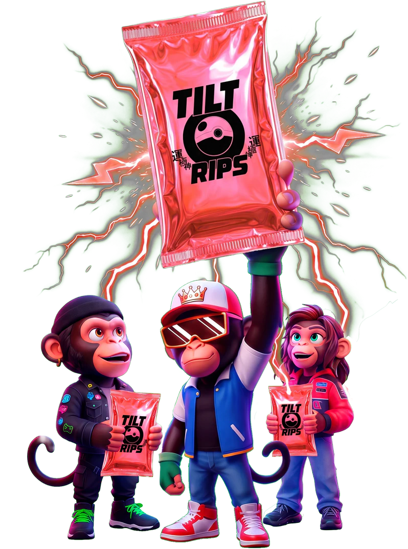 Three TiltRips monkeys cheering under a card pack crackling with lightning
