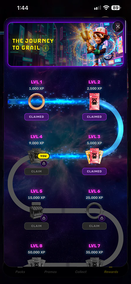 The Journey to Grail level track, with rewards to claim at each level
