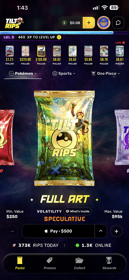 The TiltRips app's pack store, with a Full Art pack ready to rip