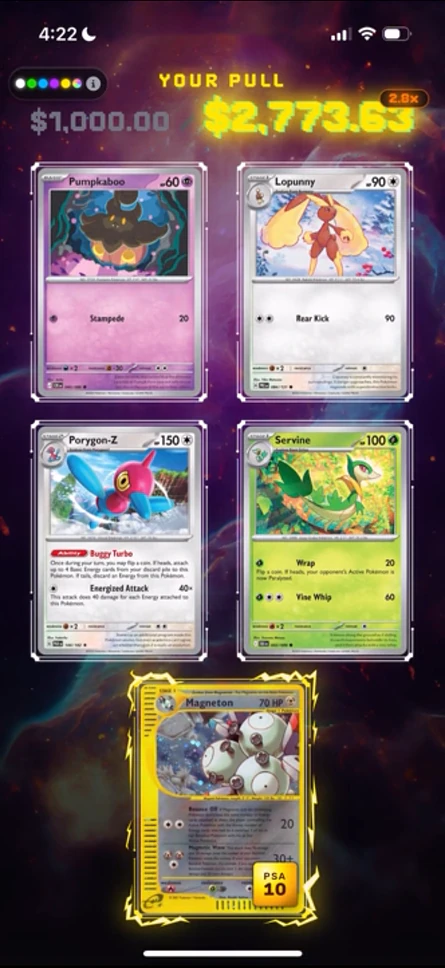 A pack reveal showing the cards pulled and their total value