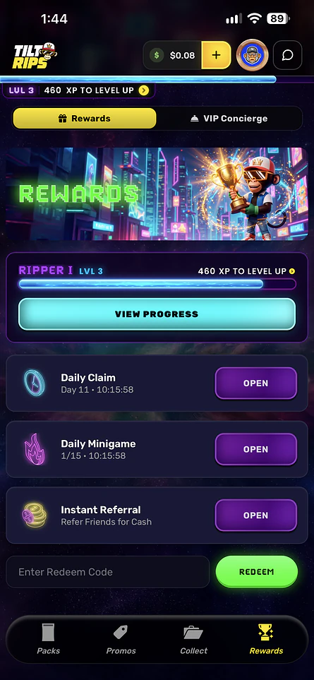 The Rewards tab, with daily claims, a daily minigame and referral rewards