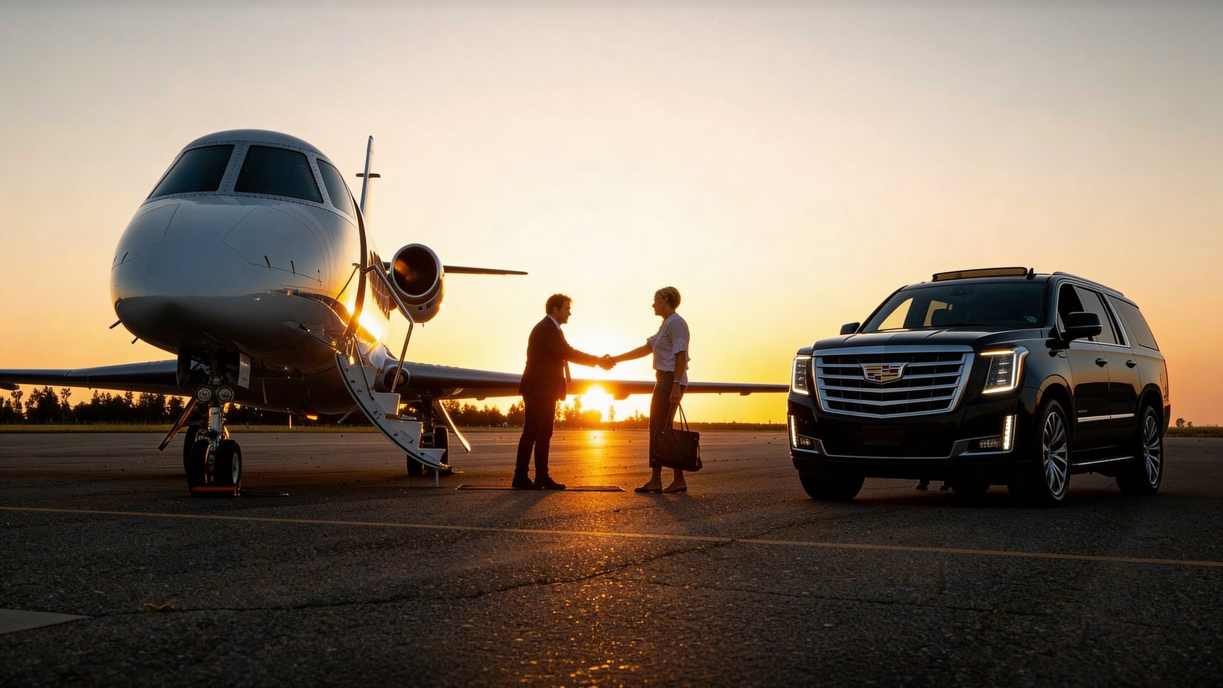 Private jet on a sunset tarmac with luxury SUV transfer for VIP guest pickup